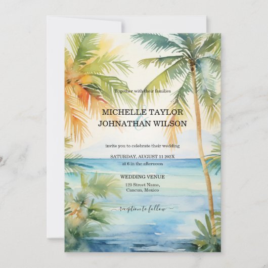 Moderne bestemming Bruiloft Palm Trees Strand Kaart (Voorkant)
