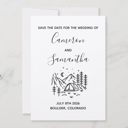 Moderne bestemming camping bruiloft save the date (Voorkant)