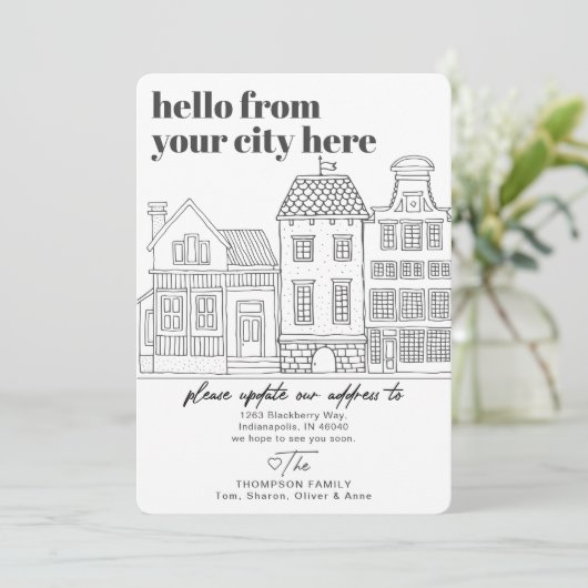 Moderne bestemming stad verhuizen aankondiging (Staand voorkant)