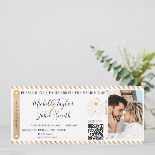 Moderne bestemming Wedding Boarding Pass QR-code Kaart (Staand voorkant)