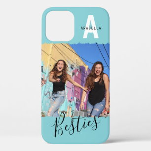 Moderne Besties-fotomonogram   Blauw iPhone 12 Hoesje