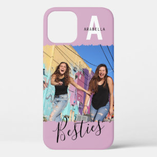 Moderne Besties-fotomonogram Roze iPhone 12 Hoesje
