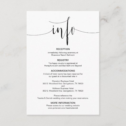 Moderne bewerkbare bruiloft details, zwart lettert informatiekaartje (Voorkant)