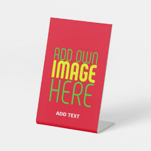 MODERNE BEWERKBARE EENVOUDIGE RODE AFBEELDING TEKS RECLAMEBORD MET VOETSTUK