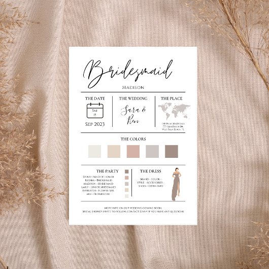 Moderne Bewerkbare Kleur Bruidsmeisje Details Info Kaart