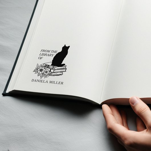 Moderne Bibliotheekkat met Bloemen Rubberstempel