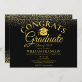 Moderne Black and Gold Script Graduation Party Kaart (Voorkant / Achterkant)