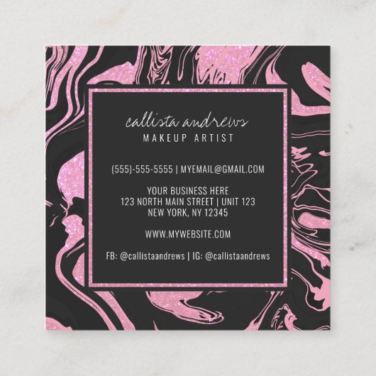Moderne Black Blush Roze Glitter Marmeren Make-up Vierkante Visitekaartje (Achterkant)