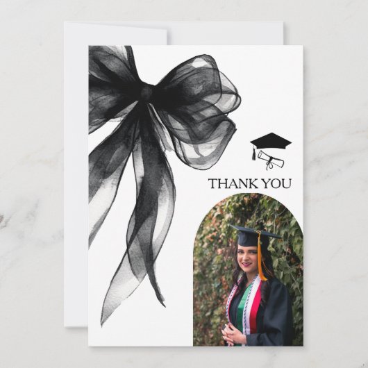 Moderne Black Bow Afstuderen Foto Bedankkaart (Voorkant)