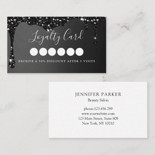 Moderne Black Glitter Drop Salon & Spa Loyaliteit Visitekaartje (Voorkant / Achterkant)