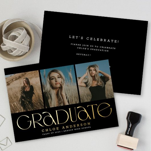 Moderne Black Gold 3 Faire-part de graduation phot