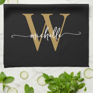 Moderne Black Gold Custom Monogram Name Script Theedoek