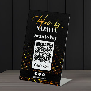 Moderne Black Gold Hair Salon Cash App QR-code Reclamebord Met Voetstuk