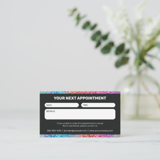 Moderne Black & Rainbow Glitter Hair Stylist Afsprakenkaartje (Staand voorkant)