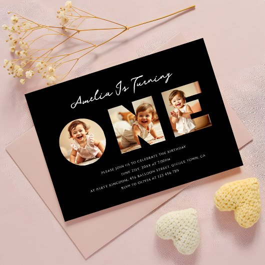 Moderne Black Script Fotocollage Eerste Verjaardag Kaart