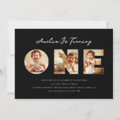 Moderne Black Script Fotocollage Eerste Verjaardag Kaart (Voorkant)