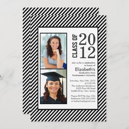 Moderne Black Stripes Photo Afstuderen-uitnodiging Kaart (Voorkant / Achterkant)