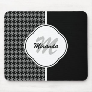 Moderne Black White Houndstooth Monogram en naam Muismat