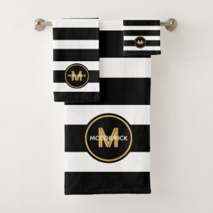 Moderne Black White Stripes Gold Family Monogramme