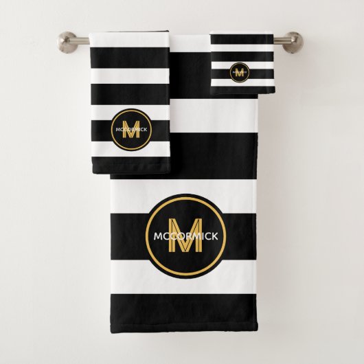 Moderne Black White Stripes Gold Family Monogramme (En situation)
