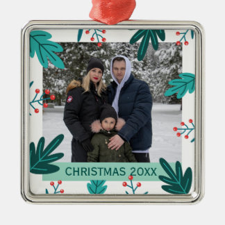 Moderne bladeren en bessen aangepaste kerstfoto metalen ornament