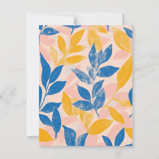 Moderne bladlithografie, vetblauw, geel roze save the date (Achterkant)