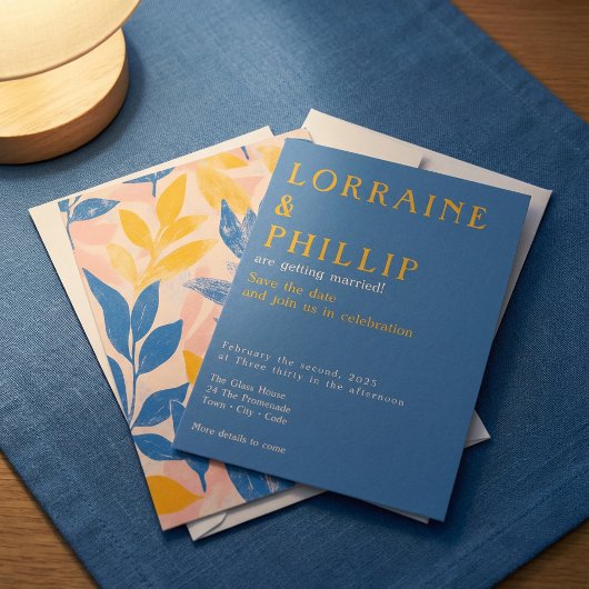Moderne bladlithografie, vetblauw, geel roze save the date