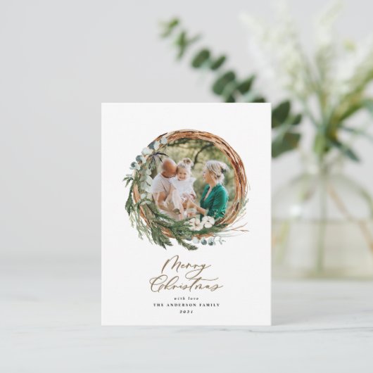 Moderne bladzijden met vrolijk kerstscript feestdagenkaart (Staand voorkant)