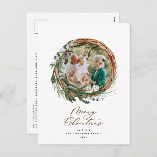 Moderne bladzijden met vrolijk kerstscript feestdagenkaart (Voorkant / Achterkant)