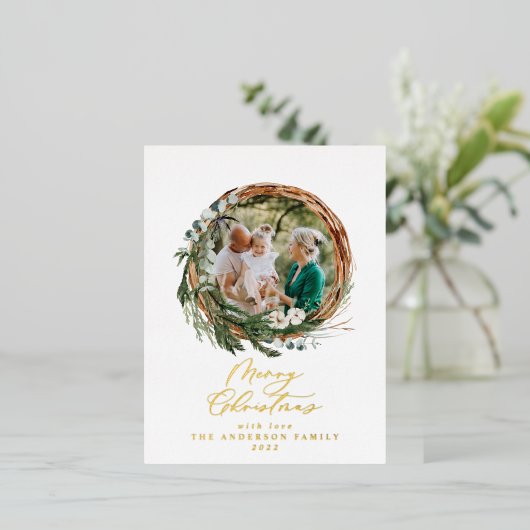 Moderne bladzijden met vrolijk kerstscript folie feestdagen briefkaart (Staand Voorkant)