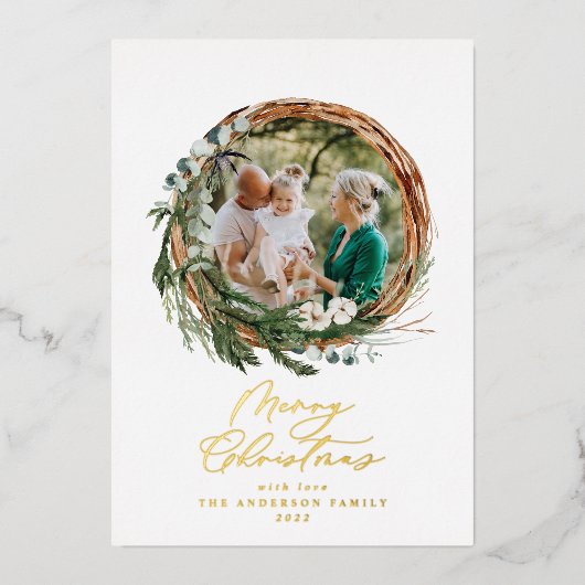 Moderne bladzijden met vrolijk kerstscript folie feestdagenkaart (Voorkant)