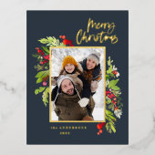 Moderne blauw blauw bladerblad elegante foto Kerst Folie Feestdagen Briefkaart (Voorkant)