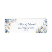 Moderne Blauw en Goud Bloemen Trouwadres Etiket (Voorkant)