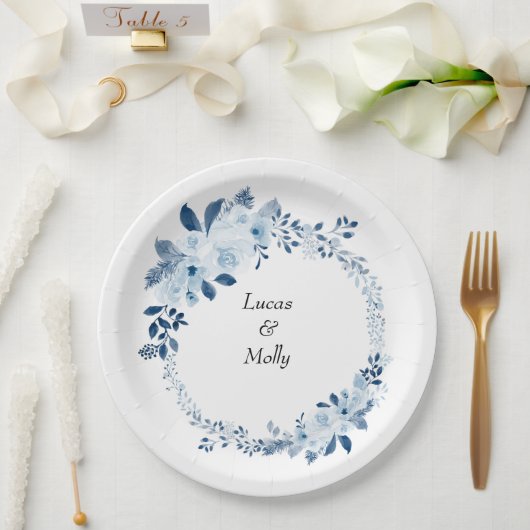 Moderne Blauw Franse Bloem Bruiloft Papieren Bordje (Huwelijk)