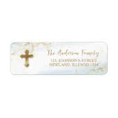 Moderne Blauw Goud Kruis Jongen Doop Etiket (Voorkant)