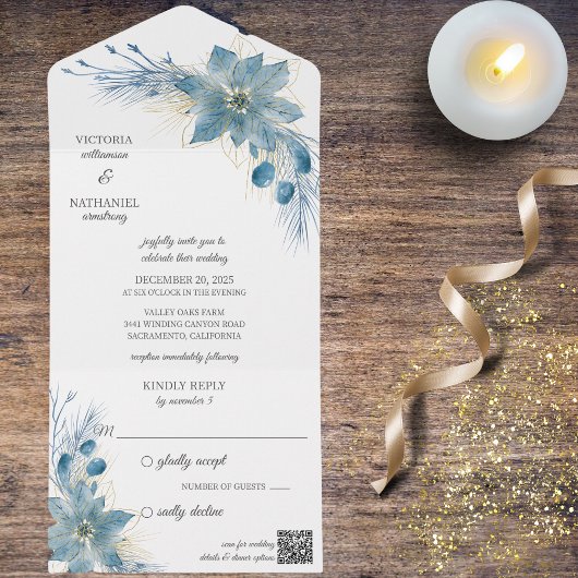 Moderne Blauw & Gouden Poinsettia op Witte QR-Code All In One Uitnodiging