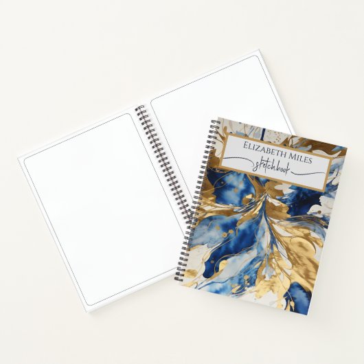 Moderne Blauw & Gouden Waterverf Abstract Schetsbo Notitieboek (Binnen)