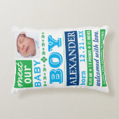 Moderne Blauw Groene Baby Boy Foto Geboortestatist Accent Kussen (Voorkant)