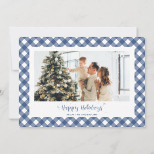 Moderne Blauw Plaid Kalligrafie Foto Feestdagenkaart