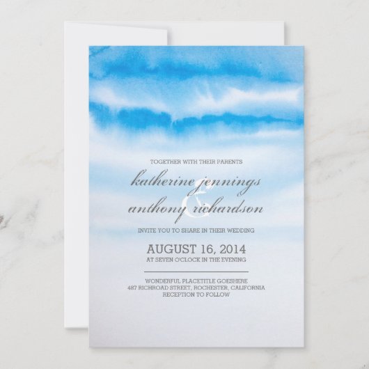 Moderne blauw waterverf huwelijksuitnodigingen kaart (Voorkant)
