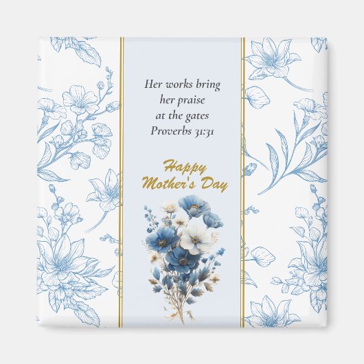 Moderne Blauw Wit Bloemen Gelukkige Moederdag Magneet (Voorkant)