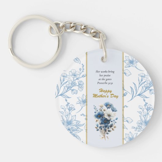 Moderne Blauw Wit Bloemen Gelukkige Moederdag Sleutelhanger (Voorkant)