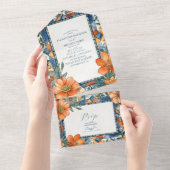 Moderne blauw-witte bloemen mediterrane Tegels All In One Uitnodiging (Afscheurbaar)