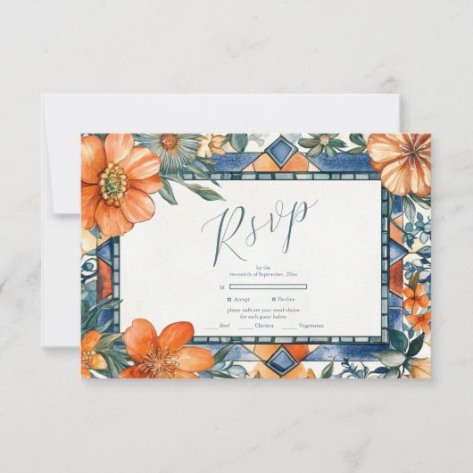 Moderne blauw-witte bloemen mediterrane Tegels RSVP Kaartje (Voorkant)