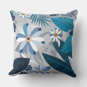 Moderne Blauw-Witte Bloemen met Geometrische Blade Kussen