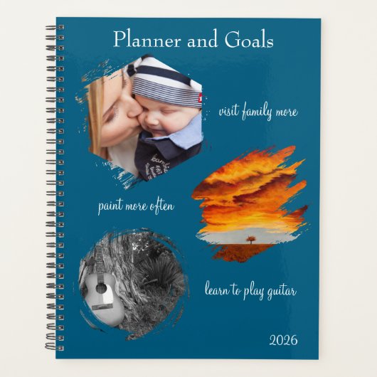 Moderne blauwe aangepaste fotocollage planner doel (Voorkant)
