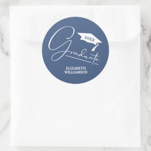 Moderne blauwe afstudeerfeest ronde sticker