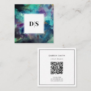 Moderne Blauwe Aquarel Abstracte QR Code Monogram Vierkante Visitekaartje