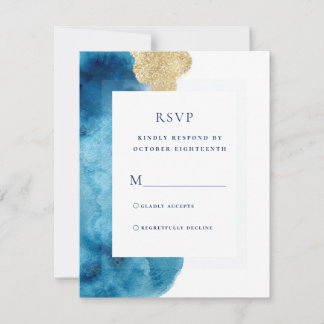 Moderne Blauwe Aquarel Gouden Antwoordkaart Oceaan RSVP Kaartje