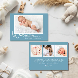 Moderne Blauwe Babyfoto Geboorteaankondiging Kaart